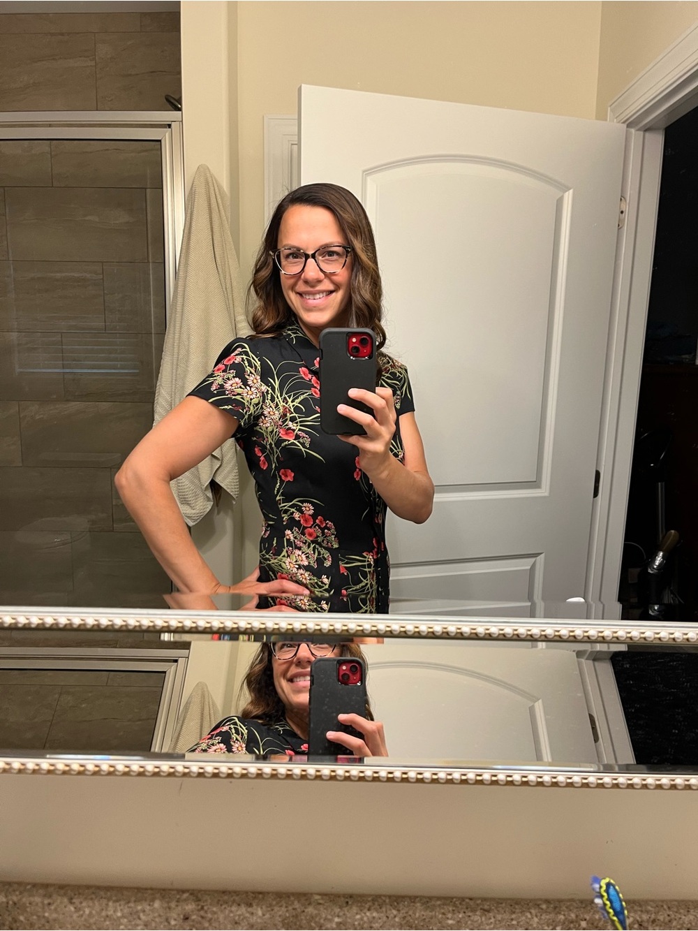 Reformation Black Floral Button-Front Dress with Red Flowers - Picture 4 of 4